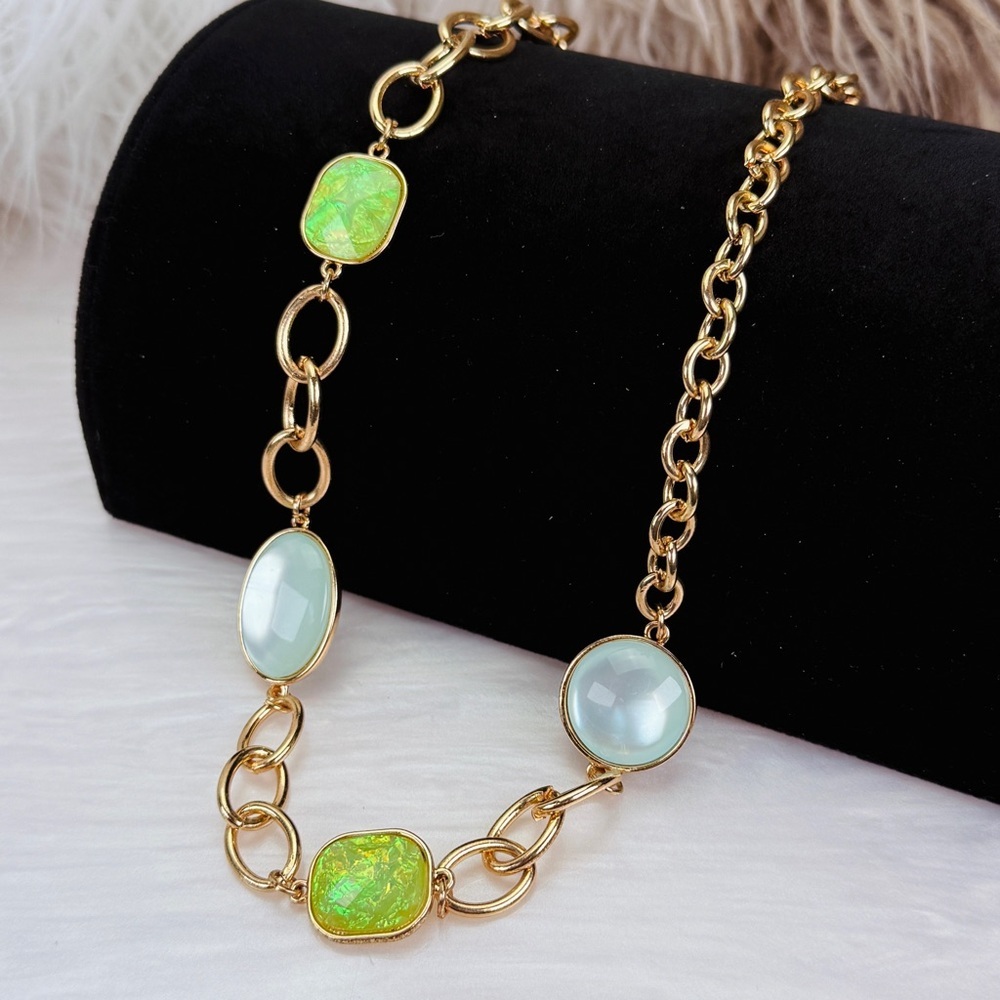 Gorgeous, goldtone, green accent costume layering necklace